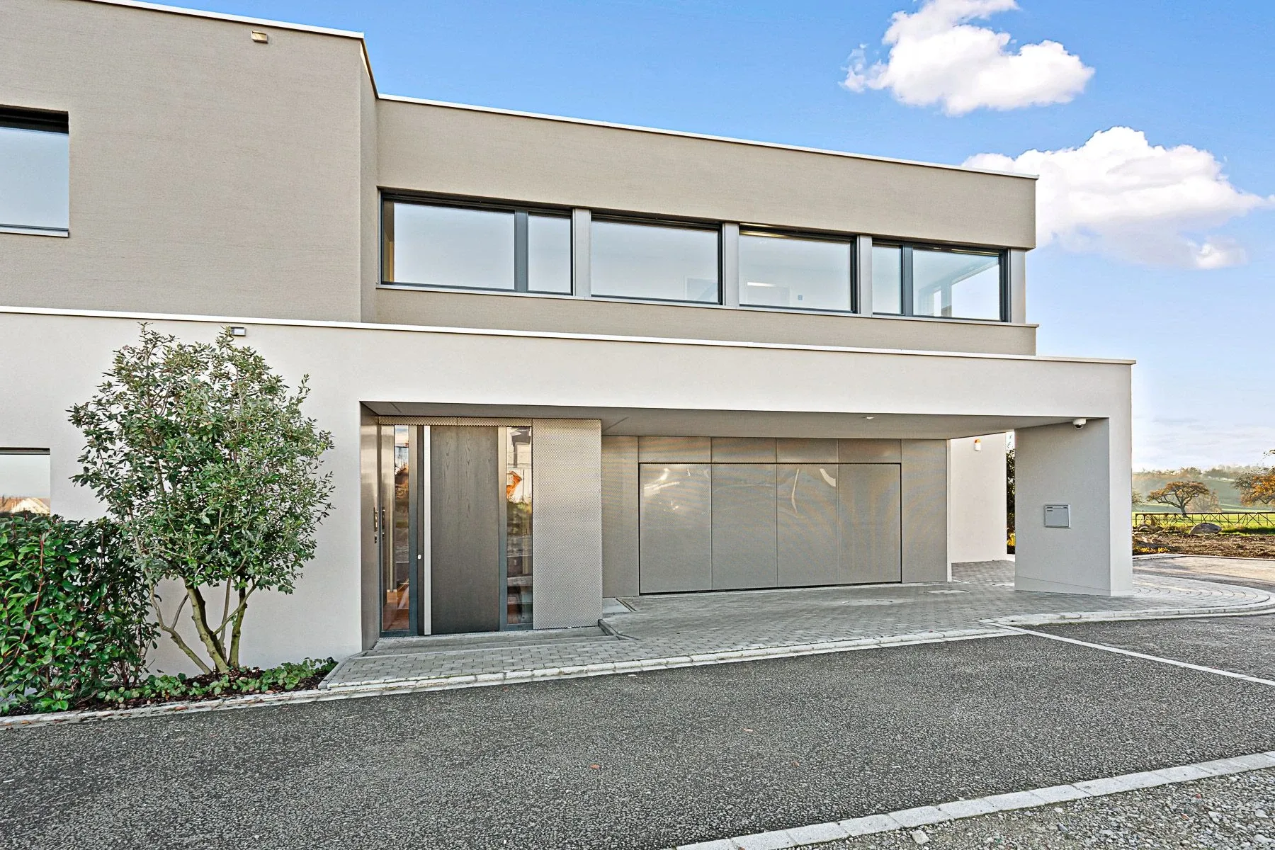 Blick auf den Eingangsbereich welcher Haustüre und Garagentor durch ein Lochblechverkleidung stilvoll verbindet